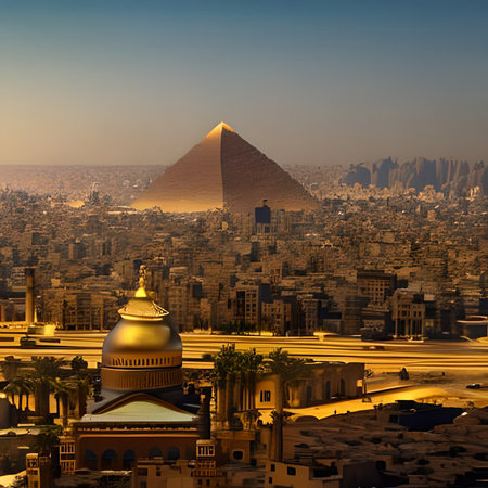 Egypt pyramids and Cairo cityscape at sunset, Cairo, Egyptの素材