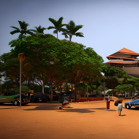 Tropical park with palm trees at sunset. Sri Lanka.の素材