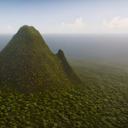 Aerial view of a mountain in the morning mist. 3d renderの素材