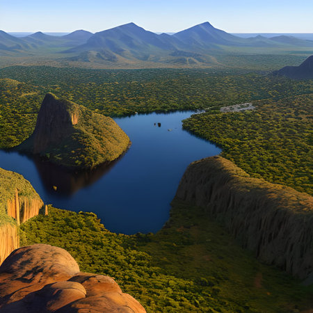 Aerial view of lake and mountains in the morning light. 3d renderの素材