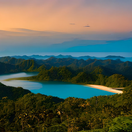 Beautiful view of the lake and mountains at sunset,Thailandの素材