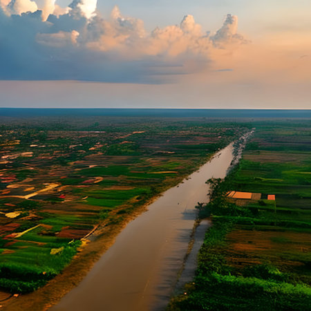 Aerial view of the Mekong river at sunset, Thailand.の素材