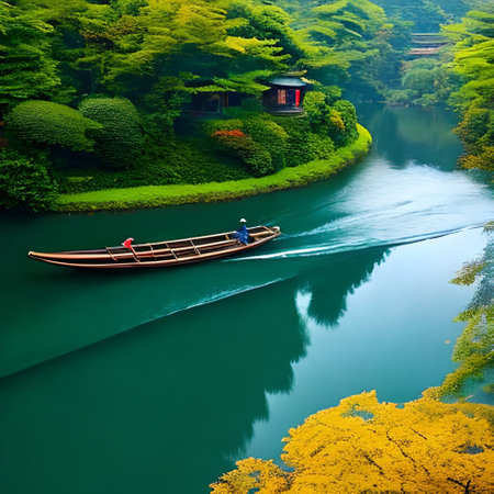 Traditional wooden boat with tourists on the river in a beautiful summer landscapeの素材