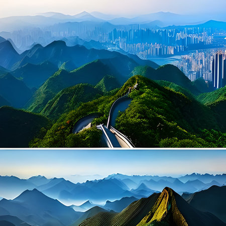 Collage of beautiful mountain landscape with road in Hong Kong, Chinaの素材