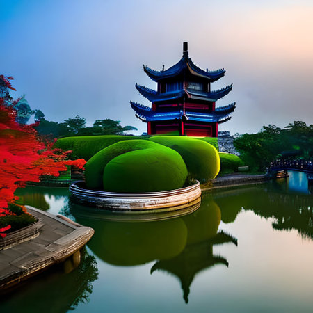 Pagoda in chinese garden at sunset, Hangzhou, Chinaの素材