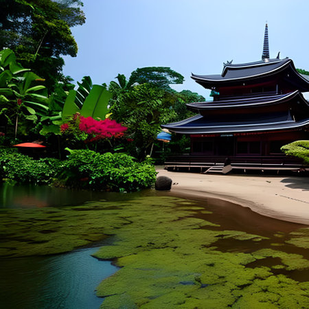 Beautiful Japanese temple in the middle of the pond with green leavesの素材