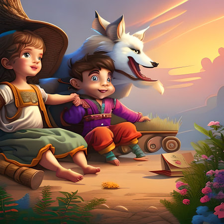 Cartoon scene with boy and girl in the jungle - illustration for childrenの素材