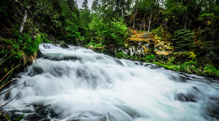 Waterfall in the forest, Karelia, Russia. Long exposure