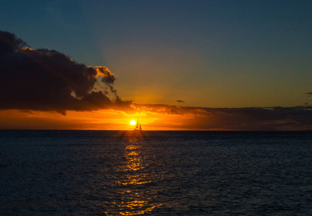 Sunset over the Caribbean Sea in Cayo Largo, Cubaの写真素材