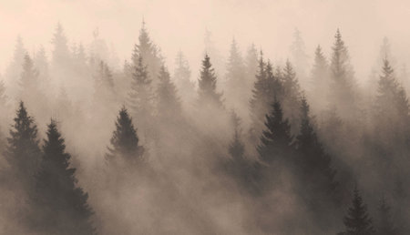 Foggy morning in the coniferous forest in the mountainsの写真素材