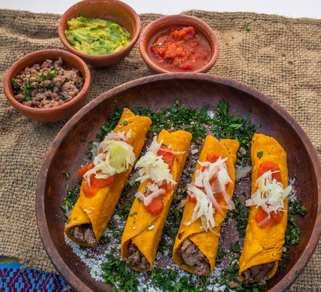 Traditional mexican tacos with beef and cheese served with guacamoleの写真素材