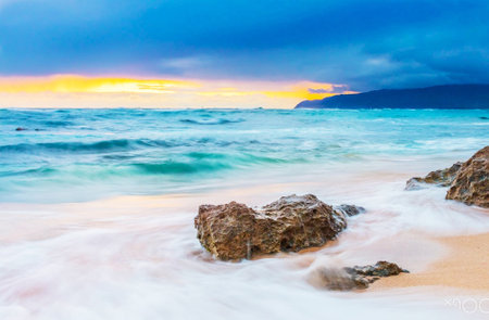 Beautiful seascape at sunset. Seascape with rocks and wavesの写真素材