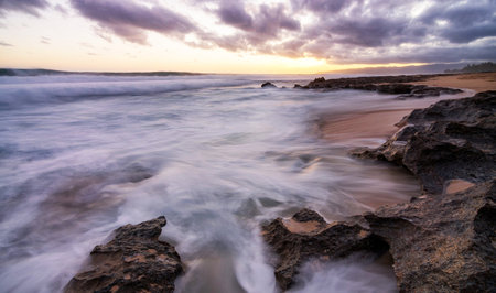 Long exposure of a beautiful sunset over a rocky beach in South Australia
