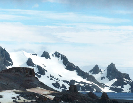 Antarctic landscape with icebergs and snowflakes in winterの写真素材
