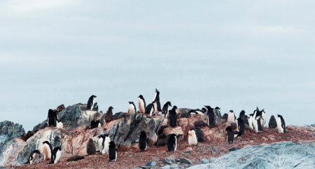 Gentoo penguins (Pygoscelis papua) on the rockの写真素材