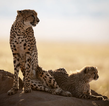 Cheetah and cub sitting on termite mound in Serengeti National Park, Tanzaniaの写真素材