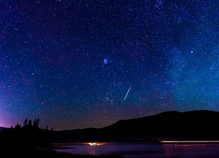 Milky Way over the lake at night with stars and mountains in the background