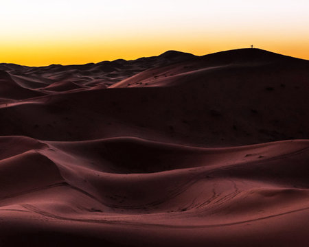 Desert sand dunes at sunset in the Sahara desert, Moroccoの写真素材