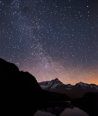 Milky Way over the mountains at night with stars in the skyの写真素材