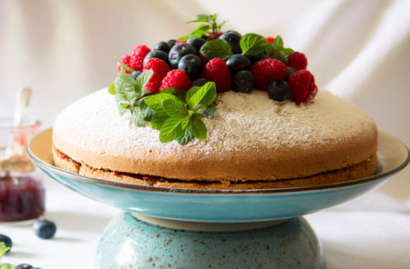 Homemade cake with fresh berries and mint. Selective focus.