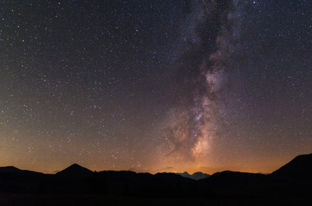 Milky Way over the mountains at night. Perseid Meteor Shower