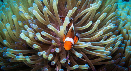 Clown anemonefish (Amphiprion bicolor) in a sea anemoneの写真素材