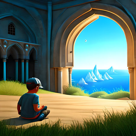 3d render of a boy sitting in front of the entrance to the mosqueの素材
