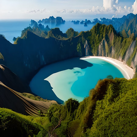 Aerial view of volcanic crater lake with turquoise water.の素材