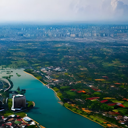 Aerial view of Singapore cityscape with buildings and skyscrapersの素材