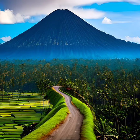 Road in the rice fields of Bali, Indonesia. 3D renderingの素材