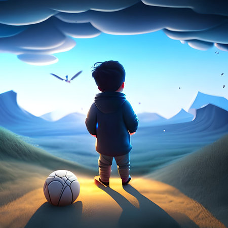 Child with a soccer ball in the desert. 3D illustration.の素材