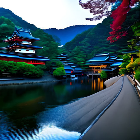 Beautiful japanese temple at night with reflection in water.の素材