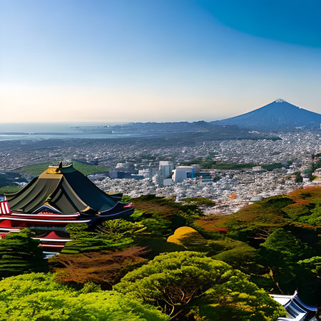 Aerial view of Mount Fuji and the cityscape of Kamakura, Japanの素材