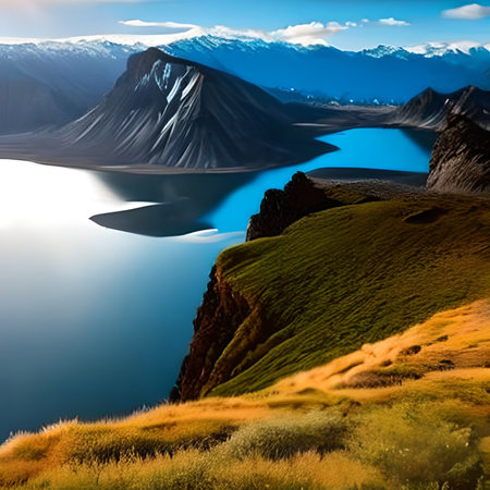 Fantasy landscape. Mountain lake and blue sky. 3d renderingの素材