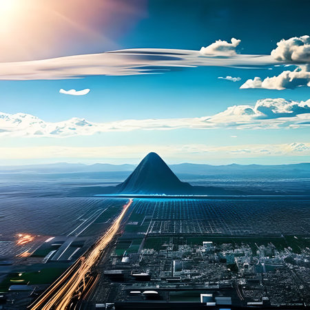 3D rendering of a futuristic city with a mountain in the backgroundの素材