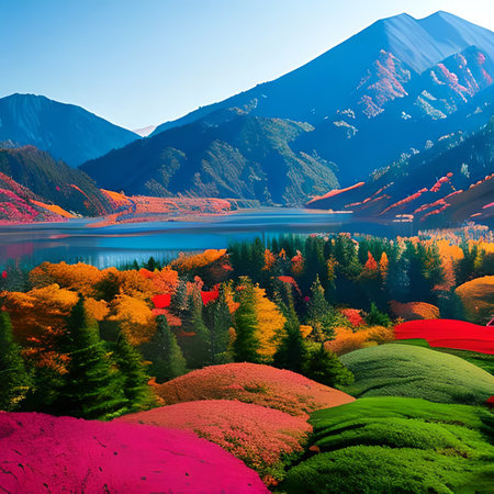 Colorful autumn landscape with lake and mountains in the background, Japanの素材