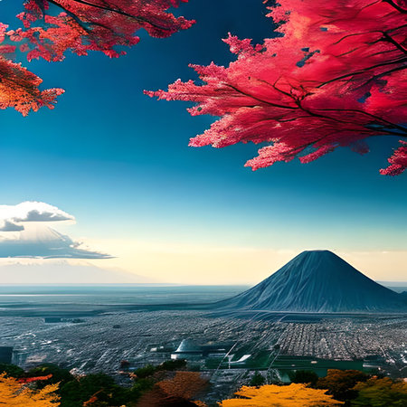 Beautiful landscape of  Mt. Fuji with maple leaf tree in autumn seasonの素材