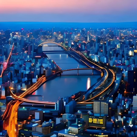 Aerial view of Tokyo cityscape at night with expressway and bridgeの素材