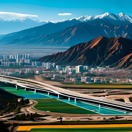 Beautiful aerial view of highway and cityscape in Tibet, China.の素材