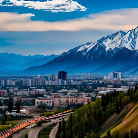 Beautiful aerial view of the city in the middle of the mountainsの素材
