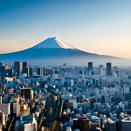 Aerial view of Japan cityscape with Mt Fuji at sunset.の素材