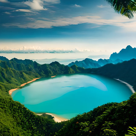Kawah Ijen crater in Java island, Indonesia. The crater is surrounded by turquoise water.の素材