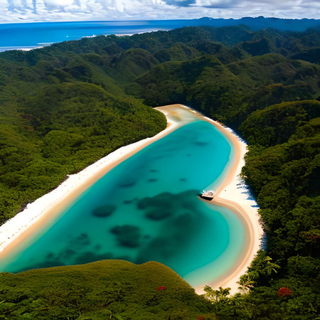 Aerial view of beautiful tropical island with white sand beach, turquoise ocean water and blue skyの素材
