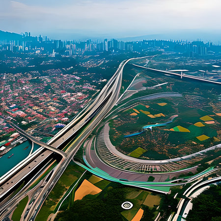 Aerial view of the highway and cityscape in Shenzhen, China.の素材