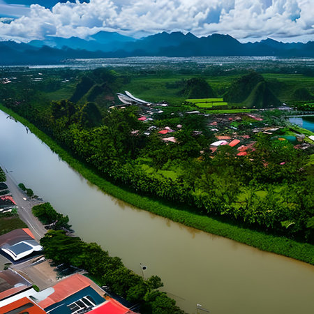Aerial view of cityscape with river and mountain in the morning.の素材
