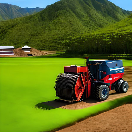 Agricultural machinery on the green field. 3D rendering.の素材
