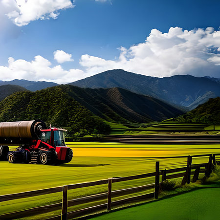 Tractor with trailer on the rice field in Yunnan, Chinaの素材