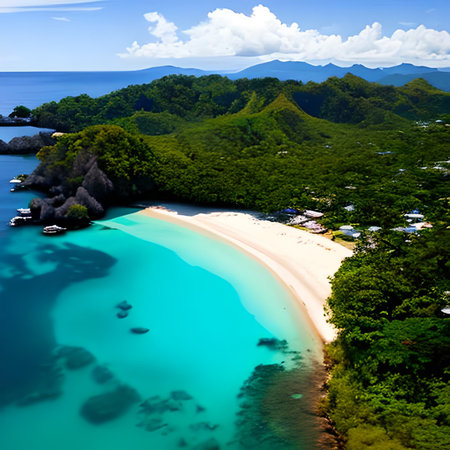 Aerial view of beautiful tropical beach with white sand, turquoise water and blue skyの素材