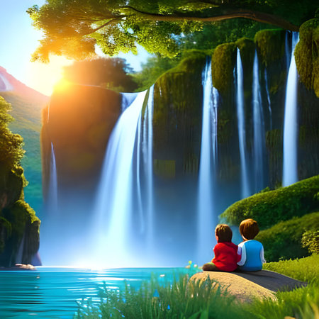 Couple sitting on the edge of a cliff looking at the waterfallの素材