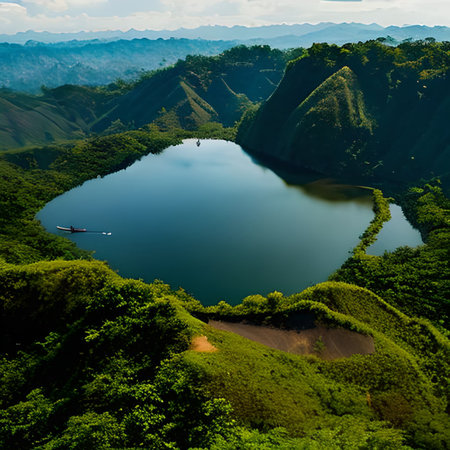 Aerial view of a lake in the mountains with a boat.の素材
